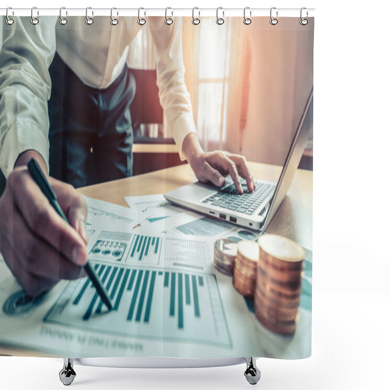 Personality  Businessman Accountant Or Financial Expert Analyze Business Report Graph And Finance Chart At Corporate Office. Concept Of Finance Economy, Banking Business And Stock Market Research. Shower Curtains