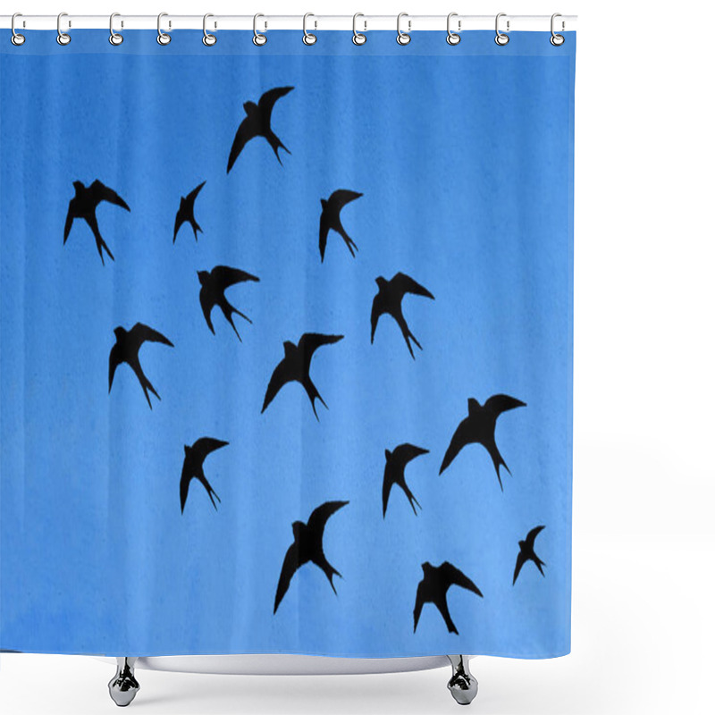 Personality  Silhouettes Of Many Swallows On Blue Sky Background Shower Curtains