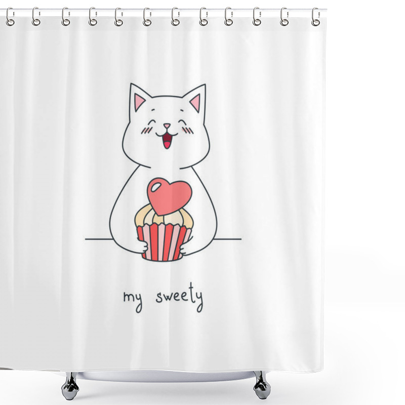 Personality  My Sweety. Illustration Of A Cute Cat Holding A Cupcake Decorated With A Pink Heart In His Paws. St. Valentine's Day Concept. Vector 10 EPS  Shower Curtains