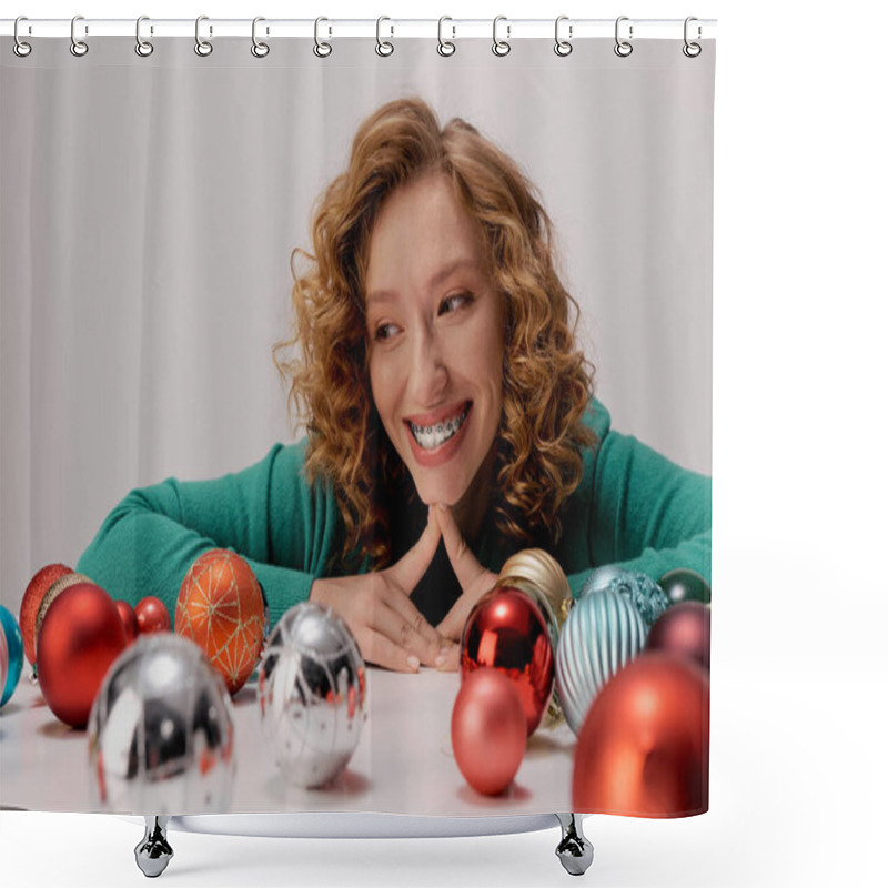 Personality  A Young Woman With Curly Hair Smiles As She Celebrating. Shower Curtains