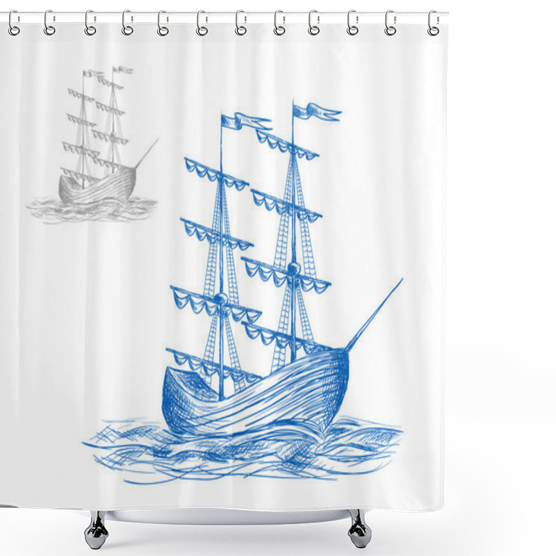 Personality  Medieval Sail Ship In Ocean Waves Shower Curtains