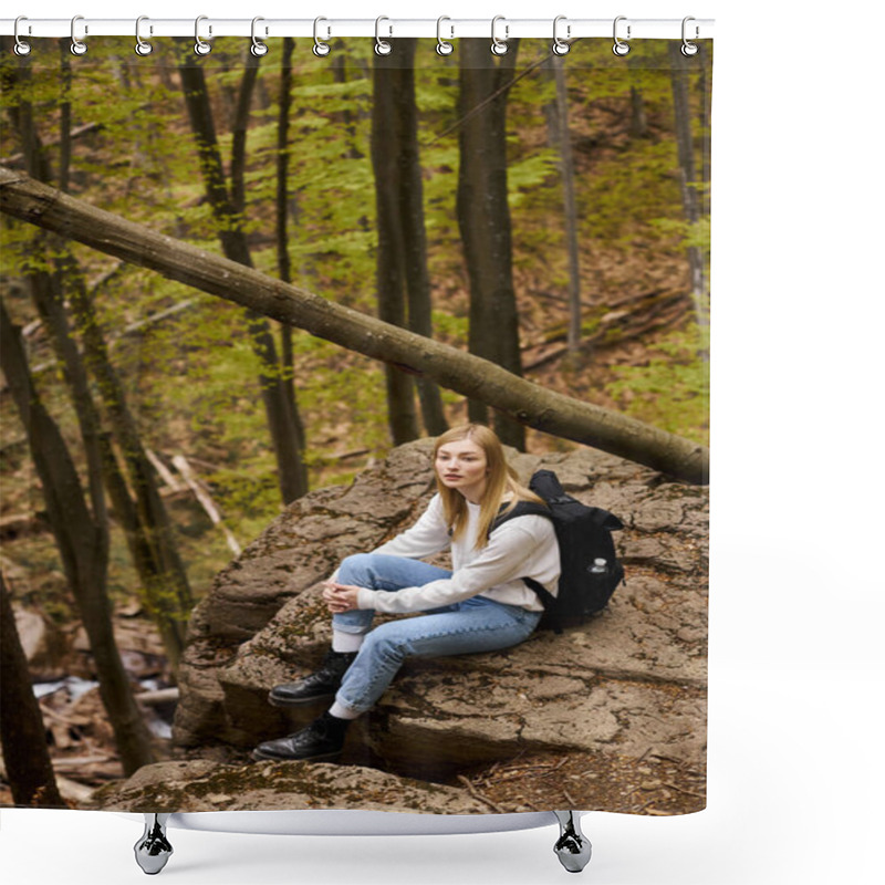 Personality  Relaxed Woman Traveler With Backpack Sitting At Halt On Rocky Cliff In Forest Scenery Shower Curtains