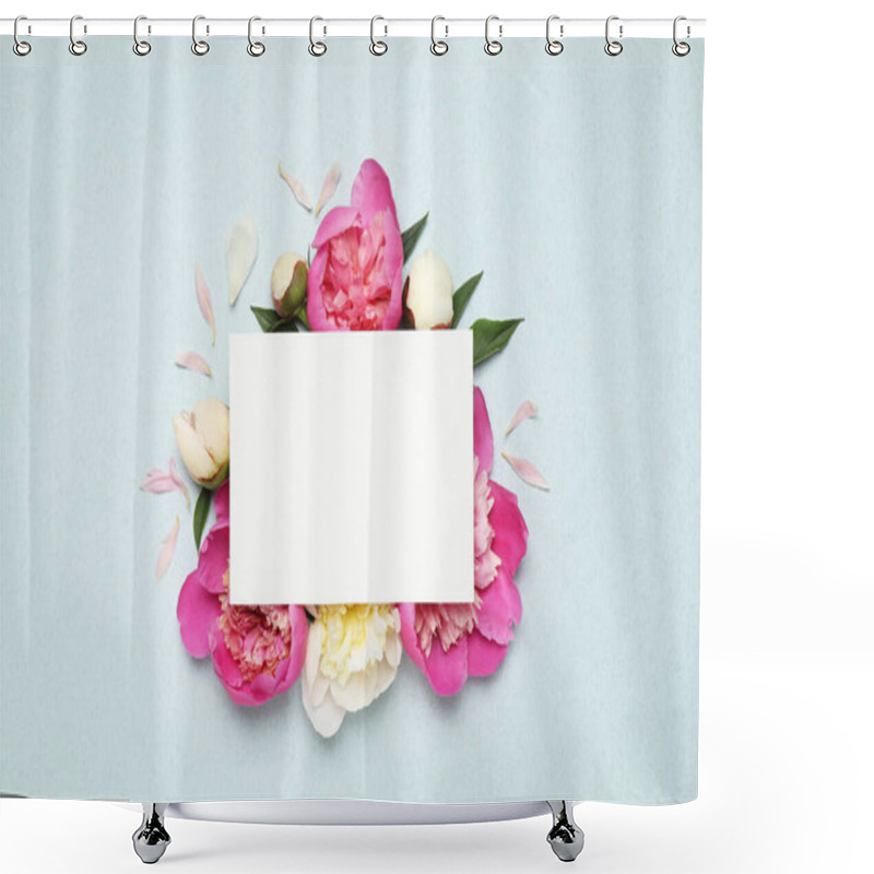 Personality  Beautiful Peonies And Blank Card On Light Blue Background, Flat Lay. Space For Text Shower Curtains