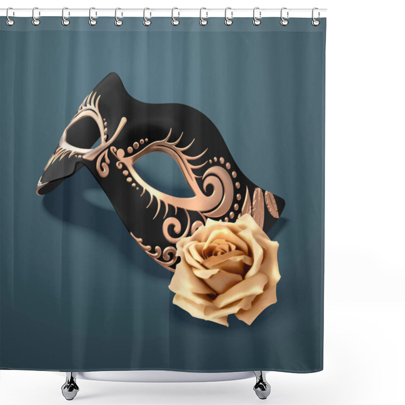 Personality  Embossed Black Mask With Golden Rose On Peacock Blue In 3d Illustration Shower Curtains