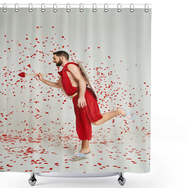 Personality  Man In Cupid Costume Posing With Heart-shaped Arrow Under Red Confetti On Grey, Saint Valentines Day Shower Curtains