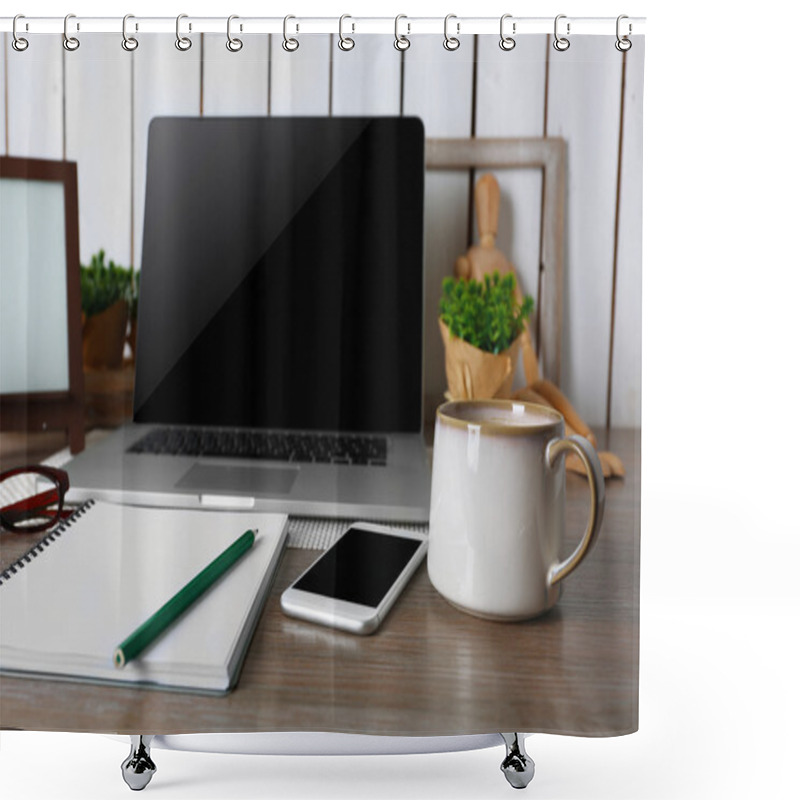 Personality  Decorated Workplace With Laptop In The Modern Room Shower Curtains