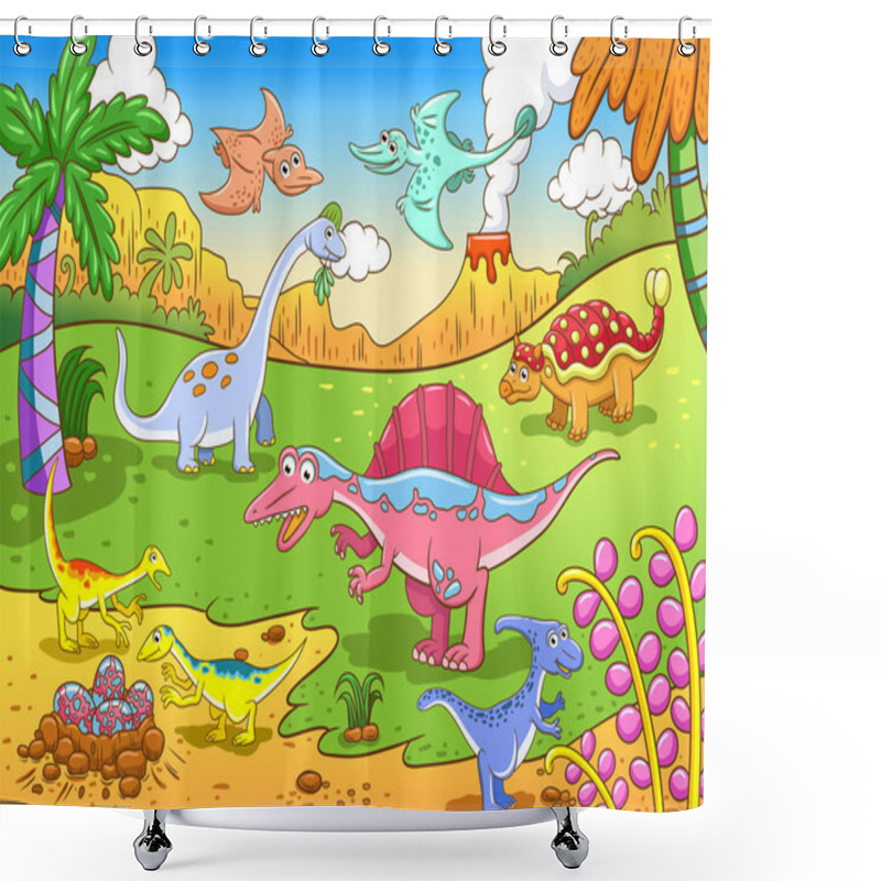 Personality  Cute Dinosaurs In Prehistoric Scene Shower Curtains