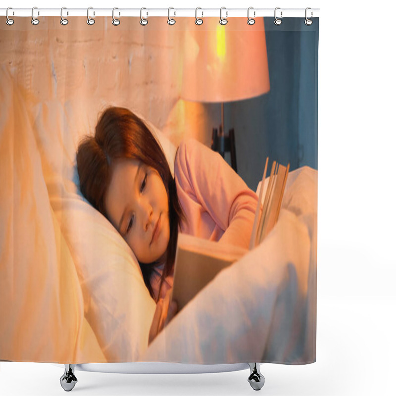 Personality  Kid Reading Book Near Blurred Blanket On Bed  Shower Curtains