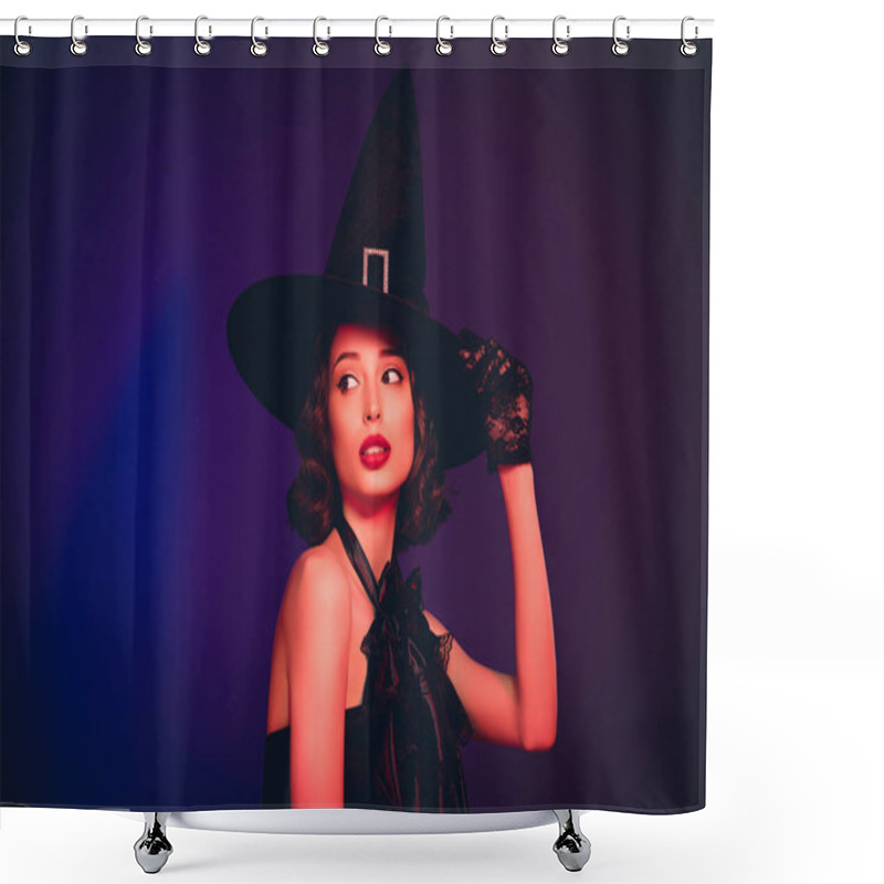 Personality  Photo Of Tempting Evil Mystic Lady Wear Black Dress Hands Arms Headwear Look Back Space Isolated Dark Color Background Shower Curtains