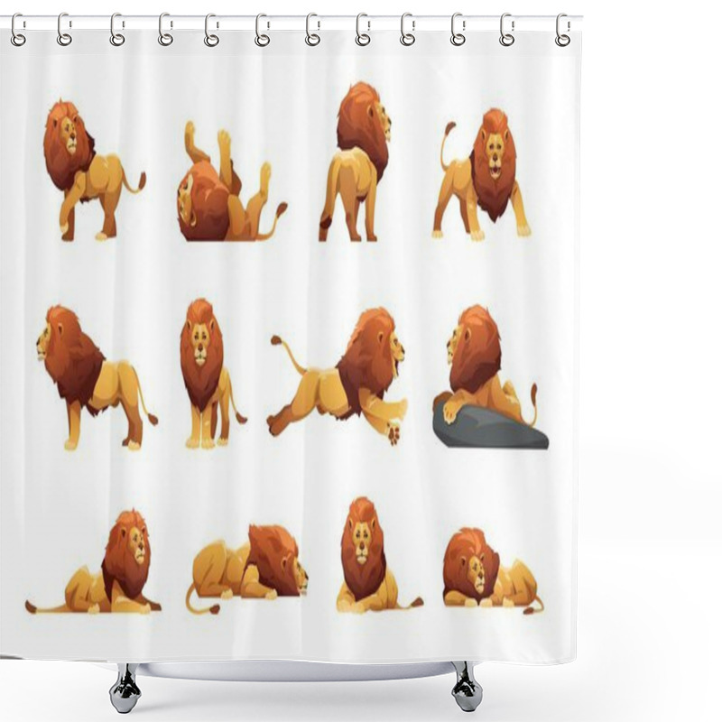 Personality  Lion Collection. Cartoon Male Jungle Cats In Different Poses, Cute Big Cats With Fur And Tails Safari Wildlife Icons, Savana Predator Animal. Vector Isolated Set. Strong Character Hunter Shower Curtains