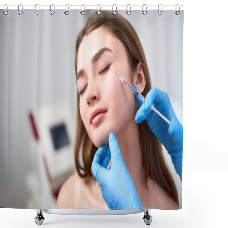 Personality  Beautician Doctor With Botulinum Toxin Syringe Making Injection To To Remove Crows Feet. Cheek Volume Enhance Mesotherapy. Anti-aging Treatment And Face Lift In Cosmetology Clinic. Shower Curtains