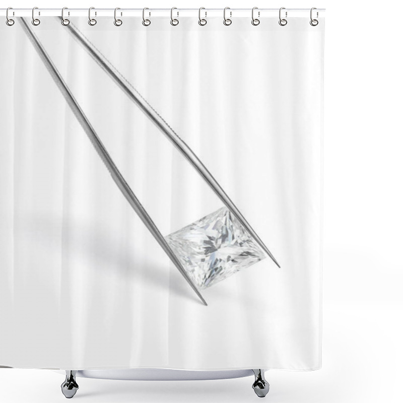 Personality  Large Princess Cut Diamond Held In Tweezers Isolated On White Background Shower Curtains