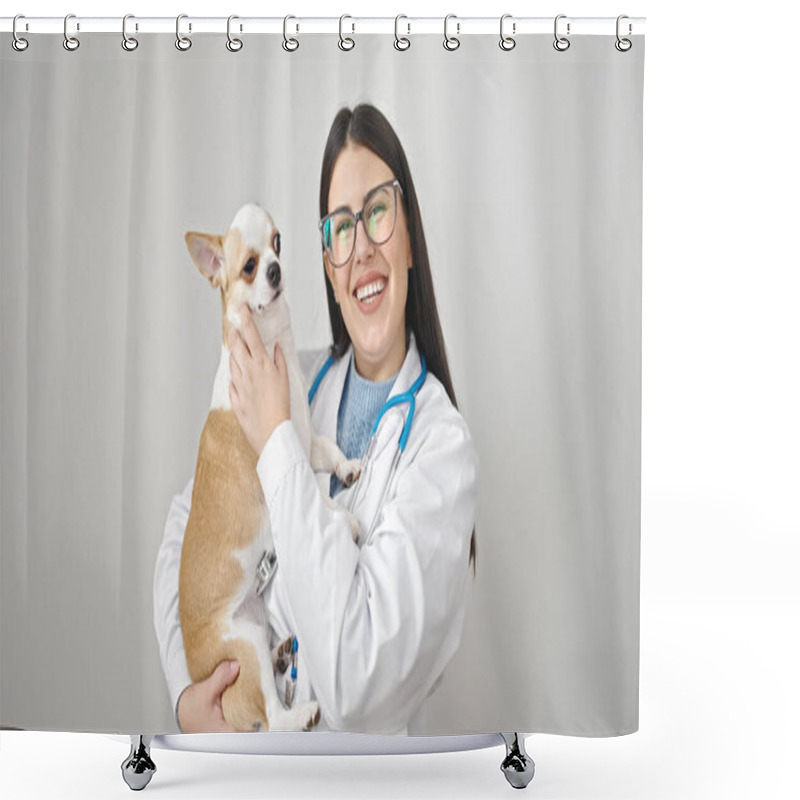 Personality  Young Hispanic Woman With Chihuahua Dog Veterinarian Smiling Holding Dog Over Isolated White Background Shower Curtains