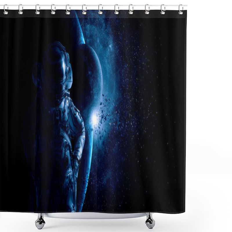 Personality  Astronaut At Spacewalk . Mixed Media Shower Curtains