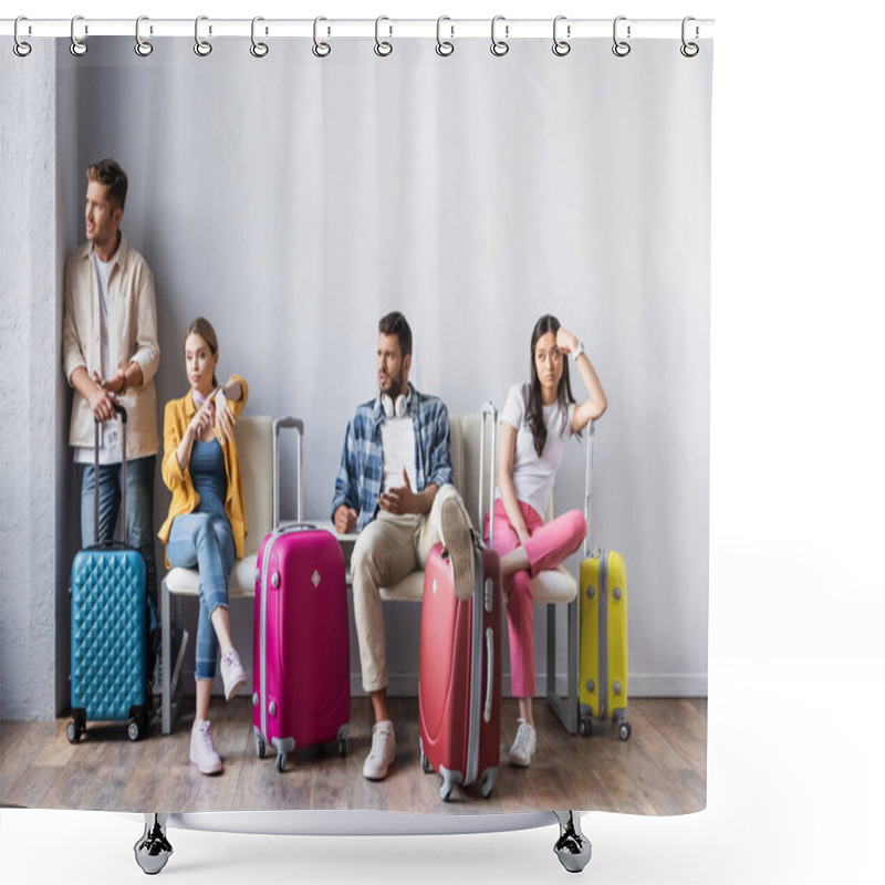 Personality  Stressed Multicultural People Looking Away Near Suitcases In Hall Of Airport  Shower Curtains