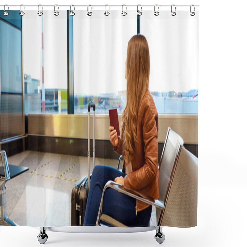 Personality  Beautiful Young Woman Looking Out Window While Waiting Boarding On Aircraft With Passport In Her Hand Shower Curtains