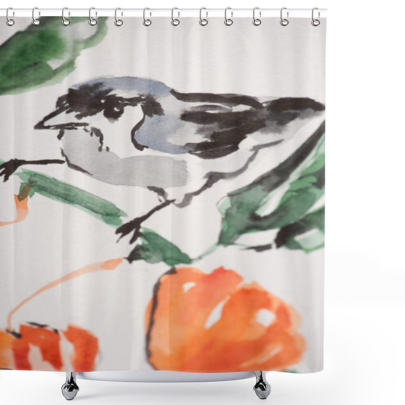 Personality  Japanese Painting With Bird On Branch On White Background Shower Curtains