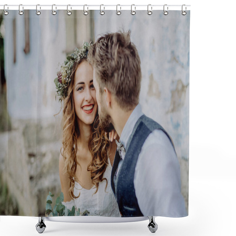 Personality  Beautiful Bride And Groom In Front Of Old Shabby House. Shower Curtains