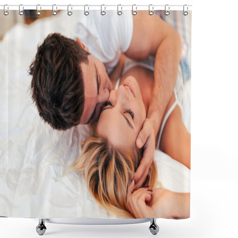 Personality  Tenderness Of A Beautiful Couple In Bedroom Shower Curtains