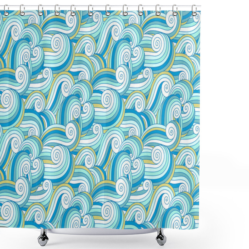 Personality  Marine Sea Waves Seamless Pattern. Abstract Whimsical Doodle Wavy Background. Nautical Deep Blue Colorful Curls And Swirls Summer Wallpaper. Shower Curtains