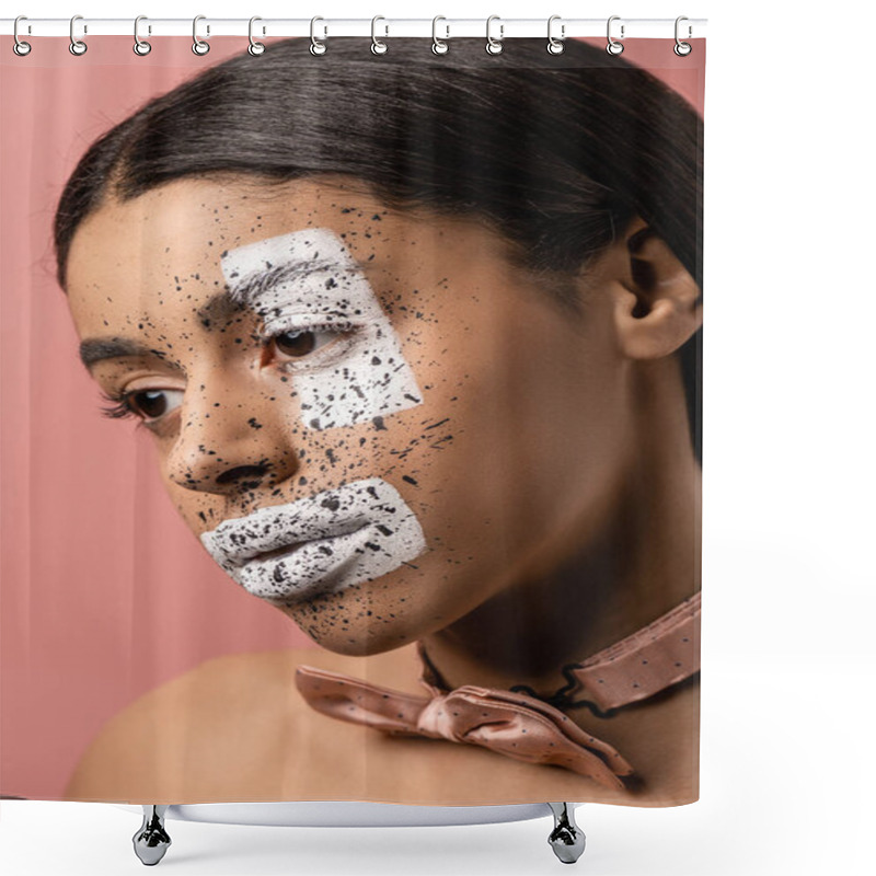 Personality  Attractive Pensive African American Girl With Bow Tie And Paint On Face Looking Away Isolated On Pink Shower Curtains