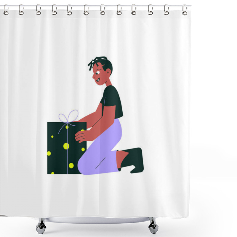 Personality  A Boy Unwrapping A Surprise Gift Box, Symbolizing Excitement And A Special Occasion. Flat Vector Illustration, Isolated On White. Shower Curtains