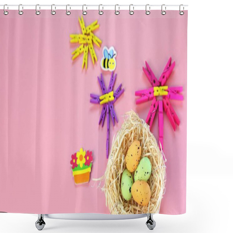 Personality  Easter Flowers Nestled In Straw Represent Festive Traditions. Organic Flowers And Vibrant Patterns Highlight The Joy And Renewal Of Easter Celebrations. Easter Tradition Concept. Shower Curtains