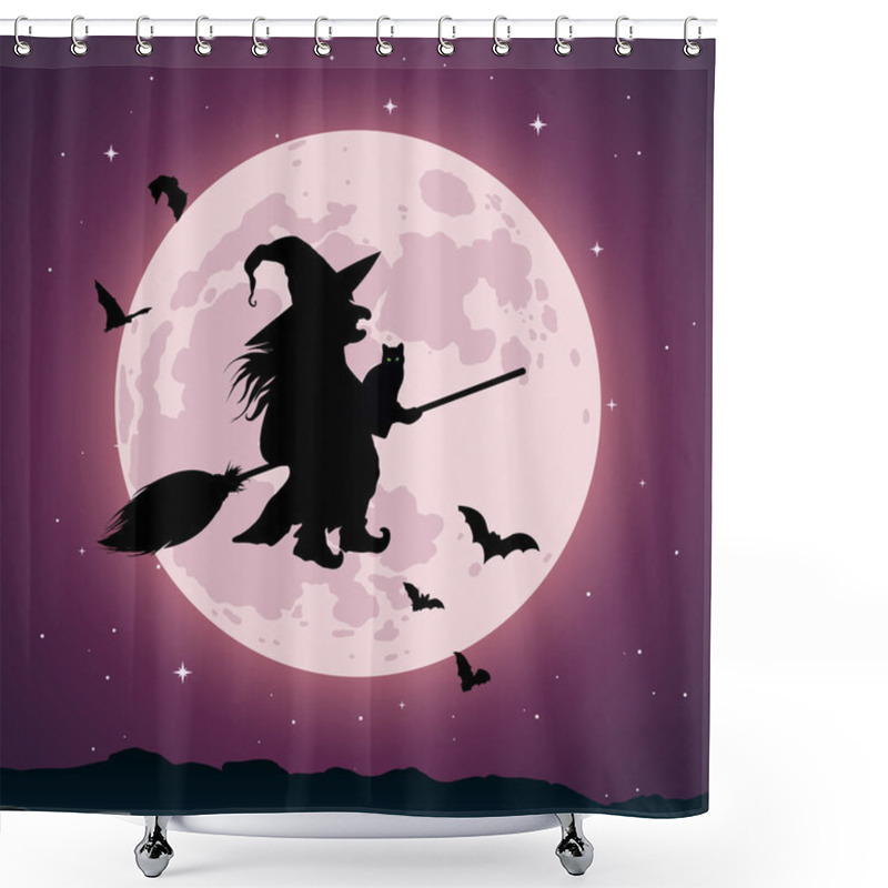 Personality  Old Witch Flying On A Broomstick With Cat On Full Moon Background With Stars And Bats. Shower Curtains