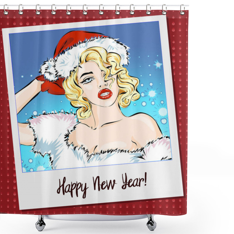 Personality  Happy New Year Polaroid Card With Pin-up Girl , Hand Drawn Vector Illustration Shower Curtains