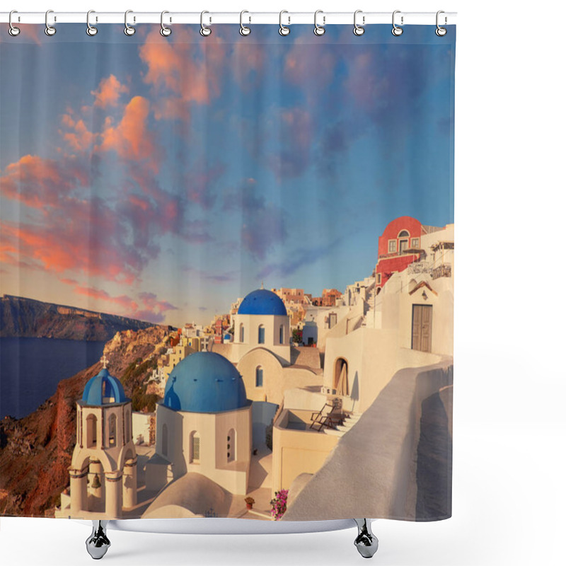 Personality  Oia Village, Santorini Island, Greece On A Sunrise With Local Church Overlooking Famous Volcanic Caldera. Panoramic Toned Image, Space For Your Text. Shower Curtains