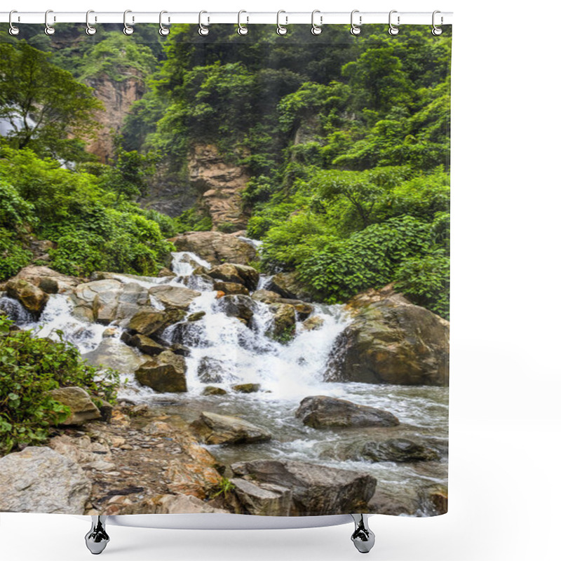 Personality  View On The Base Of The Rupse Falls, A 300 Meters Waterfall And One Of The Most Touristic Natural Place In Nepal. Shower Curtains