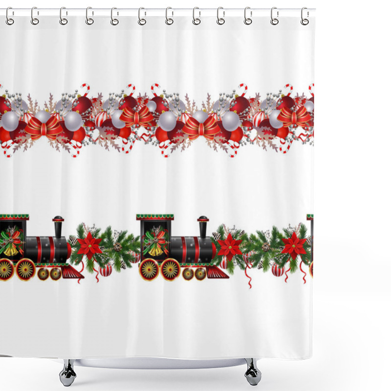 Personality  Little Christmas Train Seamless Pattern Decorated Red Ribbon Vector Shower Curtains