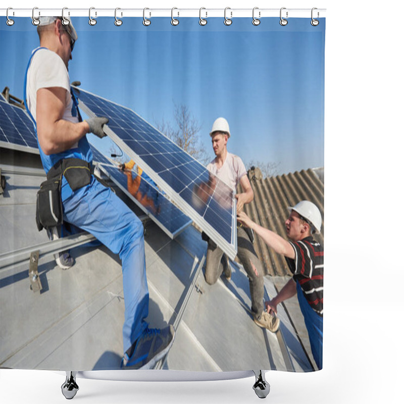 Personality  Electricians Lifting Blue Solar Module On Roof Of Modern House. Alternative Renewable Energy Ecological Concept. Shower Curtains