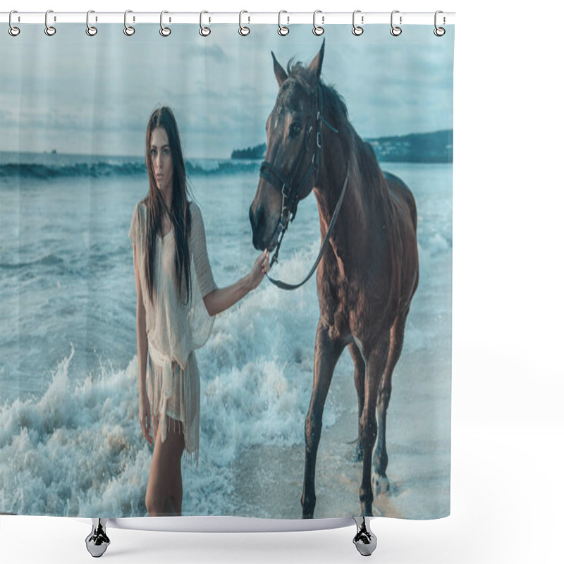 Personality  Brunette Lady Walking With A Horse Shower Curtains