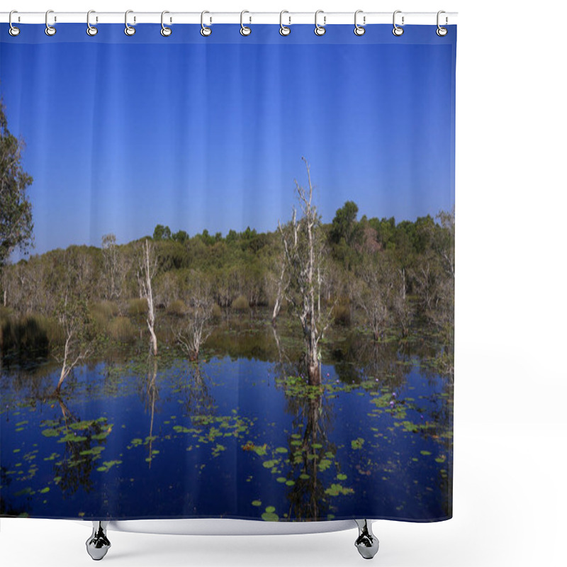 Personality  A Large Lotus Pond With A Small Mountain Is A Tourist Attraction In Rayong Province, Thailand. Botanical Garden Shower Curtains