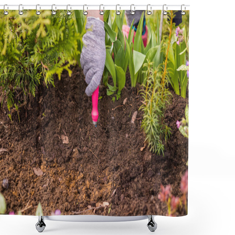 Personality  View Of A Womans Hand Hoeing Weeds In The Garden On A Hot Summer Day, Weeding Grass, Garden And Cleaning Work In The Garden In The Spring Soil Preparation.Hand Of Gardener With Tool Hoe Shower Curtains