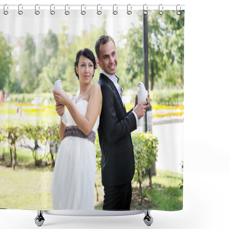 Personality  Bride And Groom With Pigeons At The Wedding Walk Shower Curtains