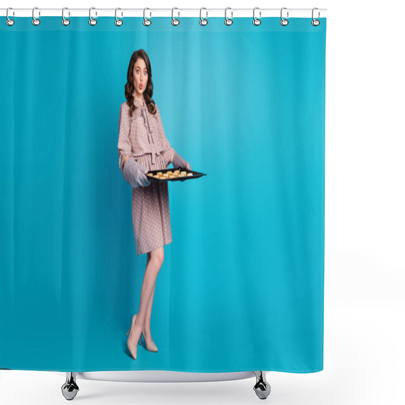 Personality  Full Size Photo Of Surprised Housewife Girl Hold Oven Tray Baking Yummy Cookies Wear Polka-dot Skirt Stilettos Isolated Over Blue Color Background Shower Curtains