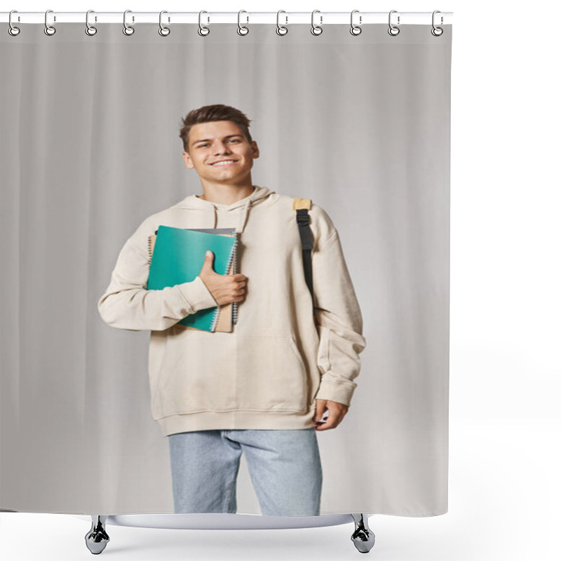 Personality  Cheerful Student In His 20s Standing With Backpack And Holding Notes Against Grey Background Shower Curtains