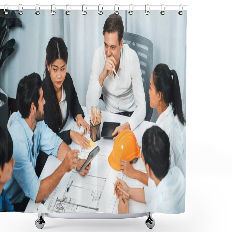 Personality  Diverse Group Of Civil Engineer And Client Working Together On Architectural Project, Reviewing Construction Plan And Building Blueprint At Meeting Table. Prudent Shower Curtains