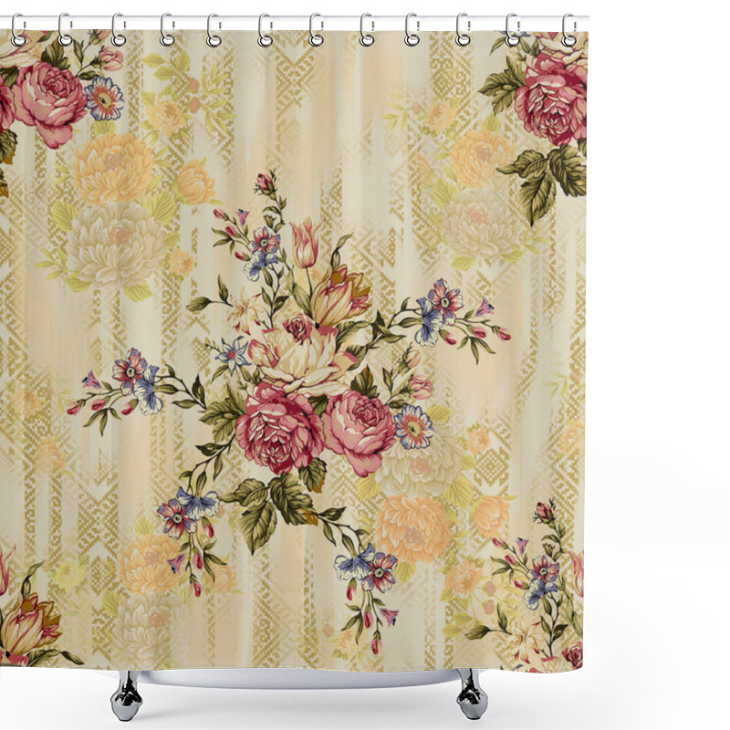 Personality  It's A Unique Digital Traditional Geometric Ethnic Border, Floral Leaves Baroque Pattern And Mughal Art Elements, Abstract Texture Motif, And Vintage Ornament Artwork Combination For Textile Printing. Shower Curtains