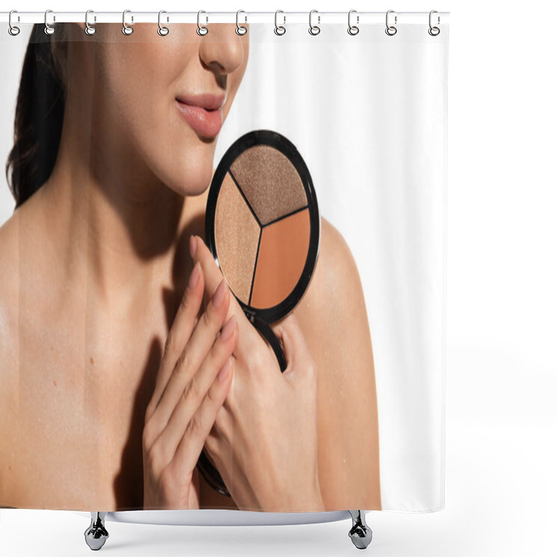 Personality  Cropped View Of Young Woman With Bare Shoulder Holding Bronzer And Highlighter Palette Isolated On White  Shower Curtains