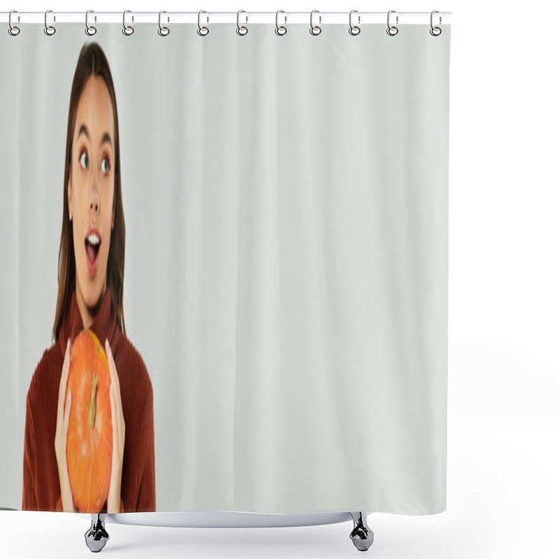 Personality  Excited Young Woman In A Festive Halloween Outfit Cradles A Pumpkin, Showcasing Seasonal Spirit. Shower Curtains