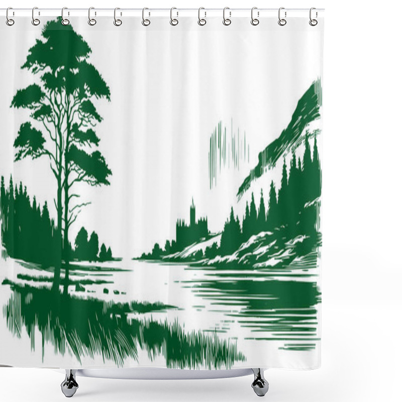 Personality  Serene River Valley A Monochrome Illustration Of A Peaceful Rural Landscape Shower Curtains