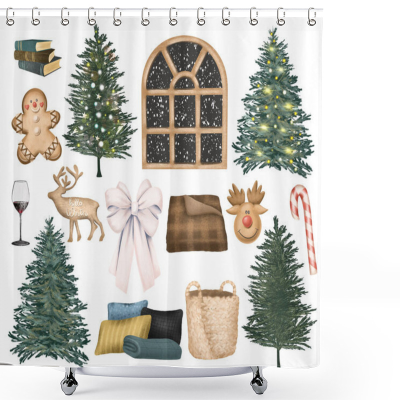 Personality  Set Of Winter Home Decor And Christmas Trees, Isolated Illustration On White Background Shower Curtains