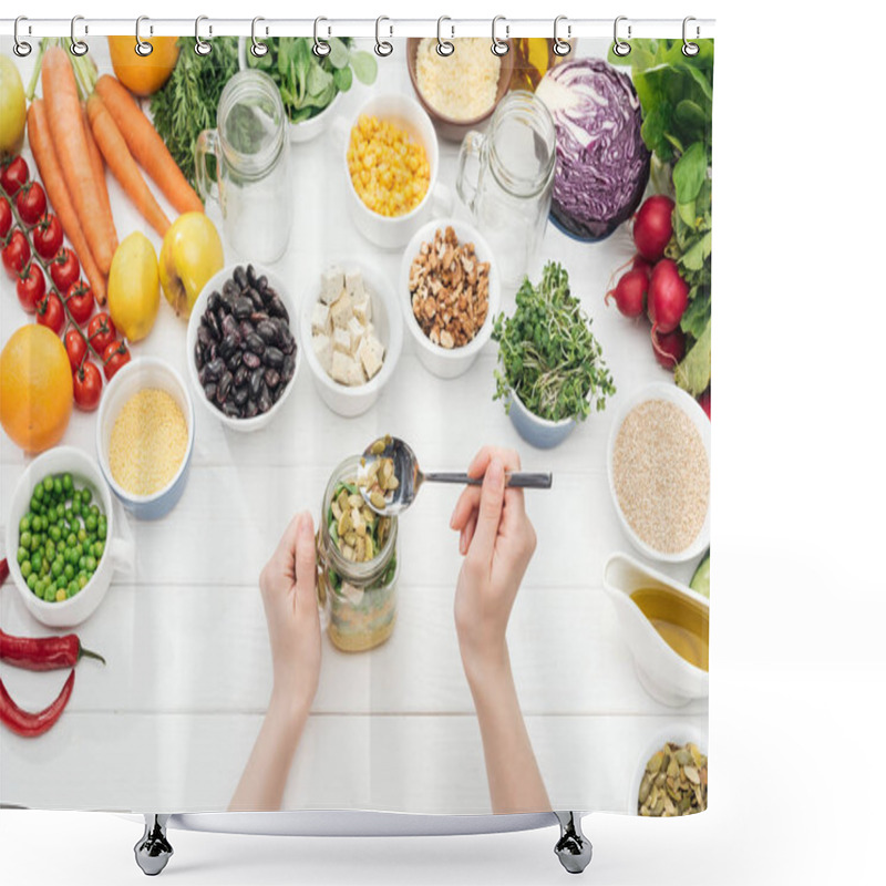 Personality  Cropped View Of Woman Adding Pumpkin Seeds In Glass Jar With Salad On Wooden White Table  Shower Curtains