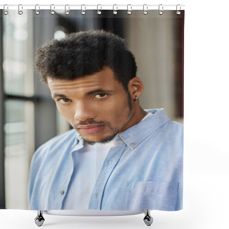 Personality  A Confident Young Man Stands By Bright Windows, Lost In Thought With An Intense Gaze. Shower Curtains