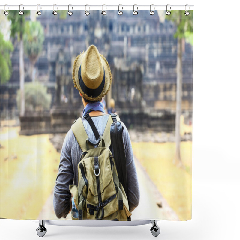 Personality  Young Traveler Wearing A Hat With Backpack And Tripod - At Angkor Wat, Siem Reap, Cambodia Shower Curtains