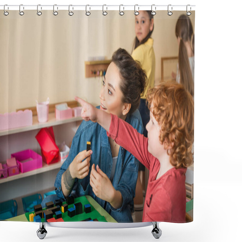 Personality  Redhead Boy Pointing With Finger Near Smiling Teacher Holding Wooden Cube Shower Curtains