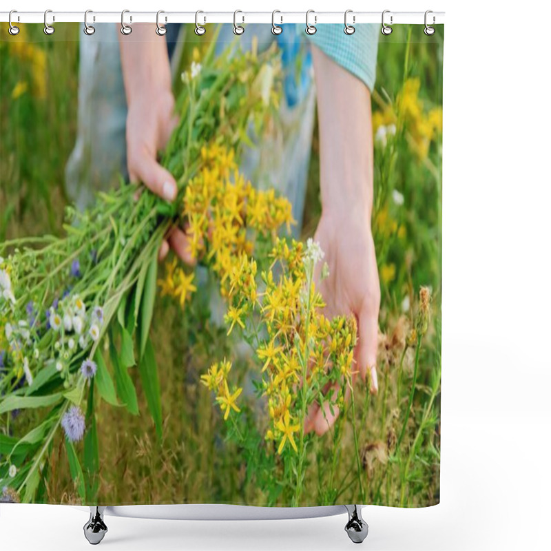 Personality  Woman With Bouquet Of Field Herbs And Flowers Touching Blooming Plants In Summer Field Shower Curtains